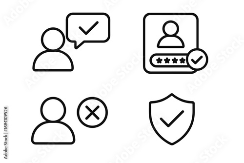 User verification icon set. Minimal line icons for login, password, security, and account access. Profile validation, approval, and rejection symbols for UI UX design. Vector.