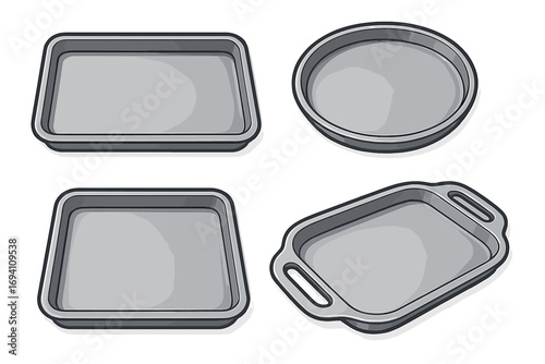 Collection of metallic trays for kitchen and serving. Vector illustration of baking sheets and pans in various shapes. Cookware and bakeware set for food preparation.