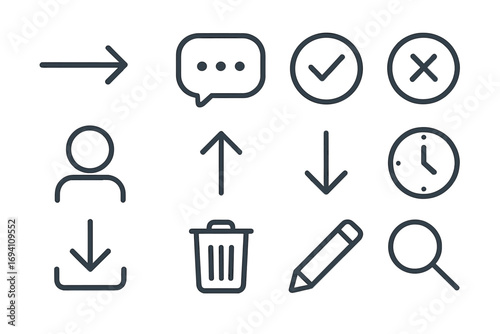 Minimalist line icon set for UI and UX design. Collection of modern outline pictogram symbols for web and mobile applications like search, delete, download, and user profile.