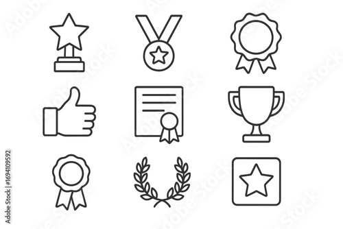 Award and achievement outline icon set. Recognition, success, and victory symbols. Vector collection of trophy, medal, prize, certificate, and quality badge illustrations.