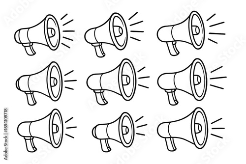 Set of hand drawn megaphones. Loudspeaker doodle for announcement, alert, and protest. Communication, marketing, and promotion concept. Loud voice symbol. Vector icon set.