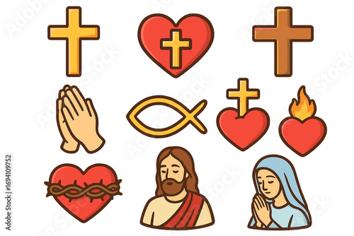 Christianity religious symbols set. Jesus Christ, Virgin Mary, cross, sacred heart, praying hands, crown of thorns, Ichthys fish. Faith, spirituality vector cartoon icons.