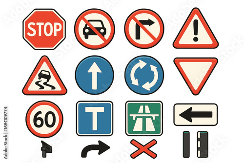 Road signs vector collection. Traffic regulation and warning symbols. Set includes stop, speed limit, slippery road, highway, and direction icons. Driving safety guidance.