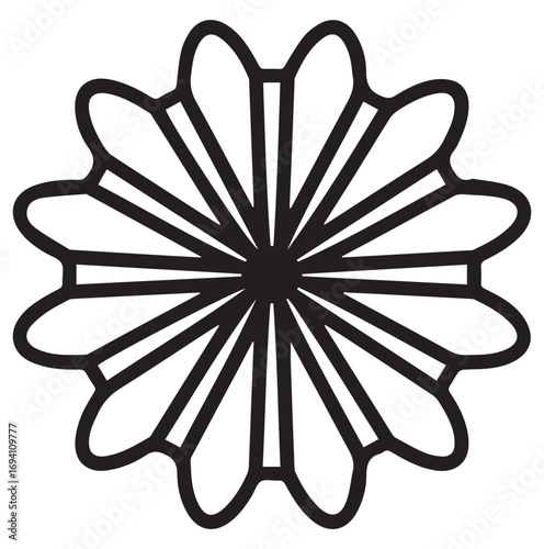 Black and white radial floral design with six petal clusters
