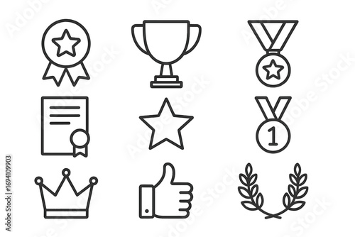 Award and achievement line icon set. Simple outline vector icons for success, victory, and recognition. Includes trophy, medal, certificate, and first place winner symbols.
