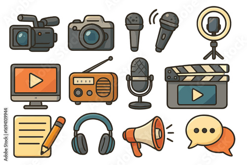 Multimedia icon collection for content creation and communication. Vector cartoon illustration of tools like camera, microphone, clapperboard for vlogging, podcasting, and filmmaking.