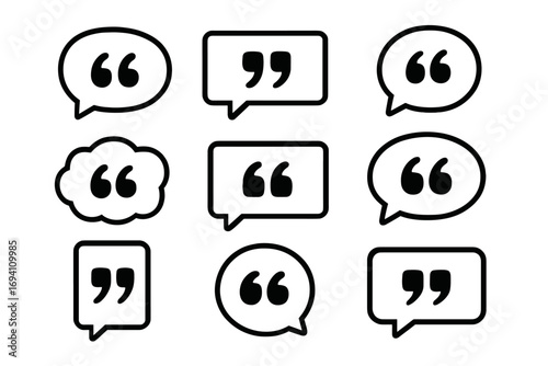 Quote speech bubble icon set. Collection of quotation marks in various shapes for communication, dialog, and messages. Minimalistic vector illustration for testimonials.