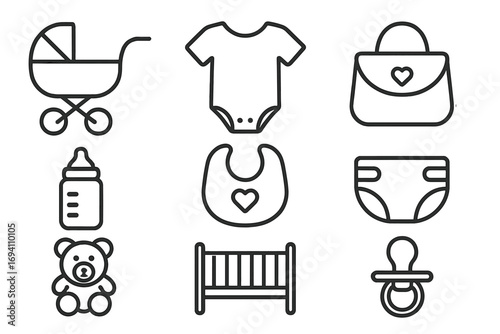 Baby care outline icon set. Newborn essentials, parenting, and nursery gear. Vector icons of stroller, bottle, diaper, crib, clothes, and pacifier for baby shower.