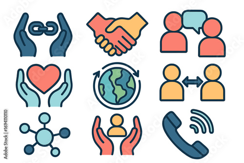 Set of icons for connection, communication, and care. Symbols for teamwork, support, community, and charity. Vector illustrations of handshake, heart, network, and global.