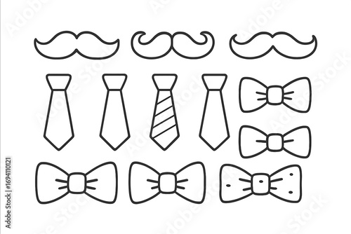 Gentleman's accessory collection. Mustache, tie, and bow tie line art icons set. Simple vector outline illustration for Father's Day, party props, or design elements.
