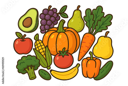 Fruits and vegetables cartoon icon set. Healthy food vector illustration collection. Nutrition, organic, vegan, vegetarian diet concept. Farm market produce doodle icons.