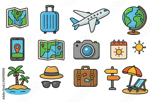 Travel and vacation icon set for tourism and holiday planning. Collection of summer journey symbols. Cartoon vector illustration with airplane, map, globe and suitcase.