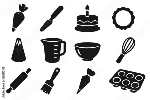 Baking tools icon set silhouette. Cake decoration and pastry preparation elements. Kitchen utensil collection for cooking desserts. Vector graphic of whisk, rolling pin, piping bag.