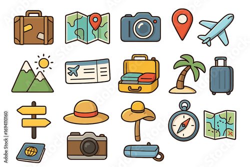 Travel and vacation icon set for trip planning. Collection of cartoon vector symbols including suitcase, map, camera, airplane, and passport for tourism and adventure.