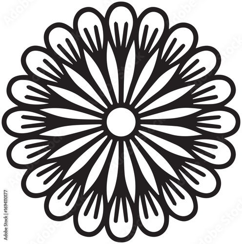 Black and white radial flower design with many petals