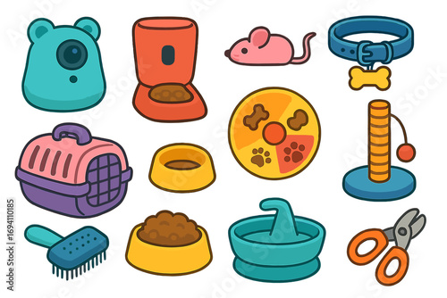Pet supplies collection for cat and dog. Vector cartoon icons set of pet care accessories, shop items, gadgets, and toys. Food feeder, grooming brush, carrier, collar.