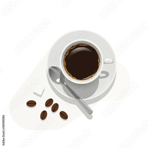 Flat lay 2D vector illustration of a perfectly arranged coffee cup with dark coffee, a saucer, silver spoon, sugar cube, and roasted beans on a pristine white background.