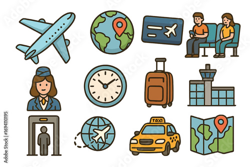 Travel and flight icon set for tourism and vacation. Airport, airplane, and booking symbols. Vector cartoon illustration of holiday journey elements like luggage and tickets.
