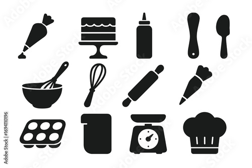 Baking tools icon set. Silhouette designs for cake decoration and pastry preparation. Vector cooking equipment. Kitchen utensils for bakery, dessert and confectioner.