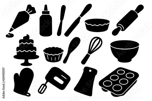 Baking tools icon set silhouette designs. Kitchen utensils for cake decoration and pastry preparation. Vector glyphs of mixer, rolling pin, whisk, bowl, cupcake, pie.