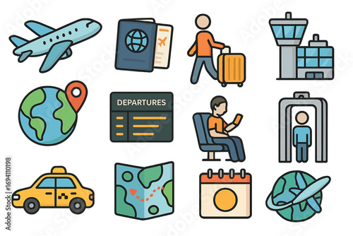 Travel icon set for tourism and vacation. Airport and flight elements collection. Vector icons for journey, airplane, passport, booking, luggage, map, and destination planning.
