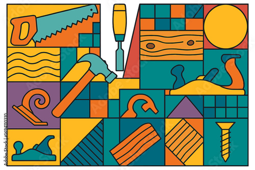 Colorful geometric pattern of woodworking tools. Abstract carpentry and craft concept. Woodwork, joinery, and handyman background with hammer, saw, and plane. Vector banner.
