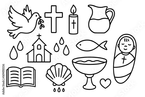 Christian baptism and christening symbols icon set. Hand drawn doodle style vector illustration for religious celebration. Includes cross, dove, holy spirit, baby, bible, and church.