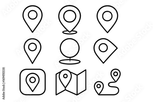 Map pin location icon set. Simple line art collection for navigation and destination. Vector symbols for GPS, route, place marker, and travel direction. Minimalist pointer design.