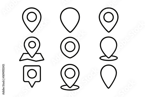 Map pin location icon set. Collection of simple outline pointers and markers for navigation and GPS. Destination, address, position and place symbols. Geolocation tag. Vector.