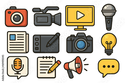Big vector collection of multimedia icons for content creation, communication, and digital marketing. Tools for blogging, vlogging, journalism, podcasting, and social media.