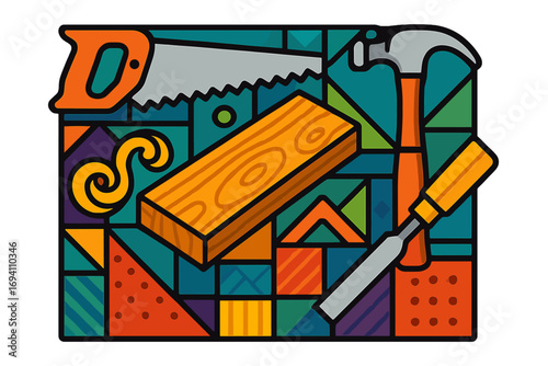 Woodworking tools vector icon set. Carpentry concept with saw, hammer, chisel on geometric background. Craft, DIY, and construction symbol for handyman or carpenter service.