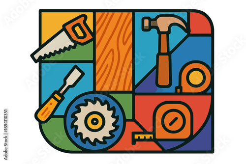 Woodworking tools vector icon set for carpentry & construction. Colorful geometric design with hammer, saw, and chisel for DIY home improvement projects and craftsmanship.