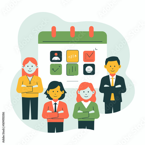 Teamwork and scheduling flat design icon concept people collaborate on calendar tasks vector