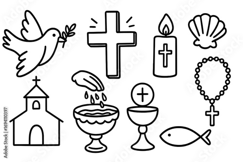 Baptism vector symbols collection. Hand-drawn line art icon set for christian celebration and sacrament. Christening religious doodle illustration. Cross, dove, fish, church.