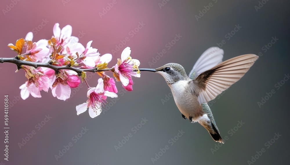 Fototapeta premium Vibrant Hummingbird Hovering Gracefully to Extract Sweet Nectar from Colorful Flower Amidst Foliage