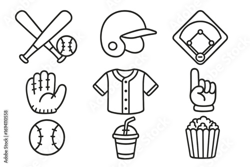 Baseball icon set. Sport equipment and fan snacks. Line art collection. Vector symbols for game day. Bat, ball, helmet, glove, field, jersey, foam finger, popcorn and soda.