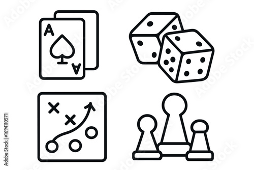 Board games outline icon set. Tabletop gaming collection with cards, dice, strategy plan and pawns. Vector illustration for poker, gambling, and entertainment concepts.