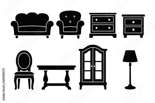 Classic furniture silhouette icon set for interior design. Vector collection of vintage home decor elements. Sofa, chair, table, cabinet, and lamp icons for house furnishing.