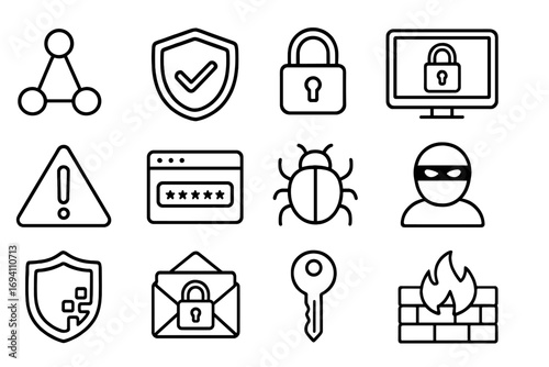 Cybersecurity icon set for network protection and data privacy. Vector line icons including lock, shield, firewall, hacker, virus, and password for web and mobile security.