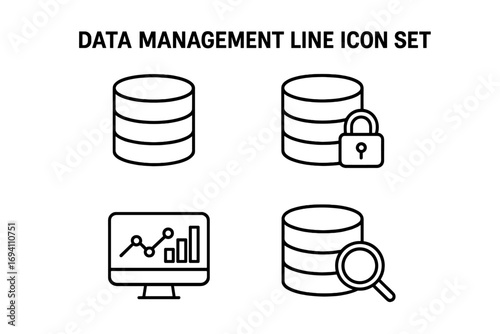 Data management and big data analytics line icon collection. Vector symbols for database, server security, information search, and business intelligence. Outline pictogram set.