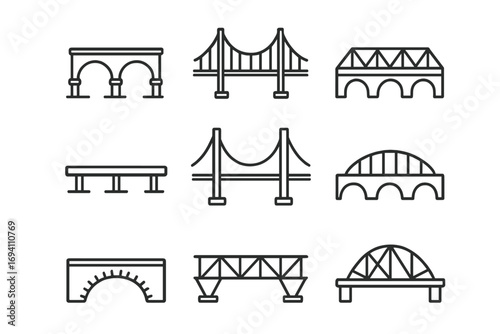 Bridge line icon set. Simple outline collection of various architectural structures like suspension, arch and truss bridges. Vector illustration for engineering or connection concepts.