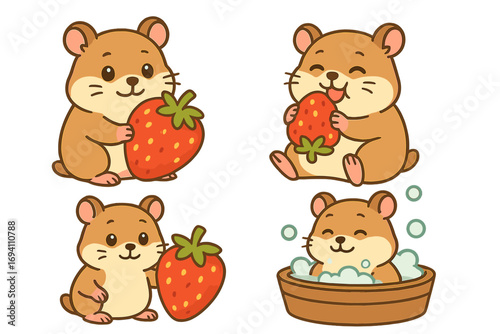 Cute hamster character set. Kawaii pet rodent eating strawberry fruit and taking a bath in a wooden tub. Funny animal mascot collection. Flat vector cartoon illustration isolated.