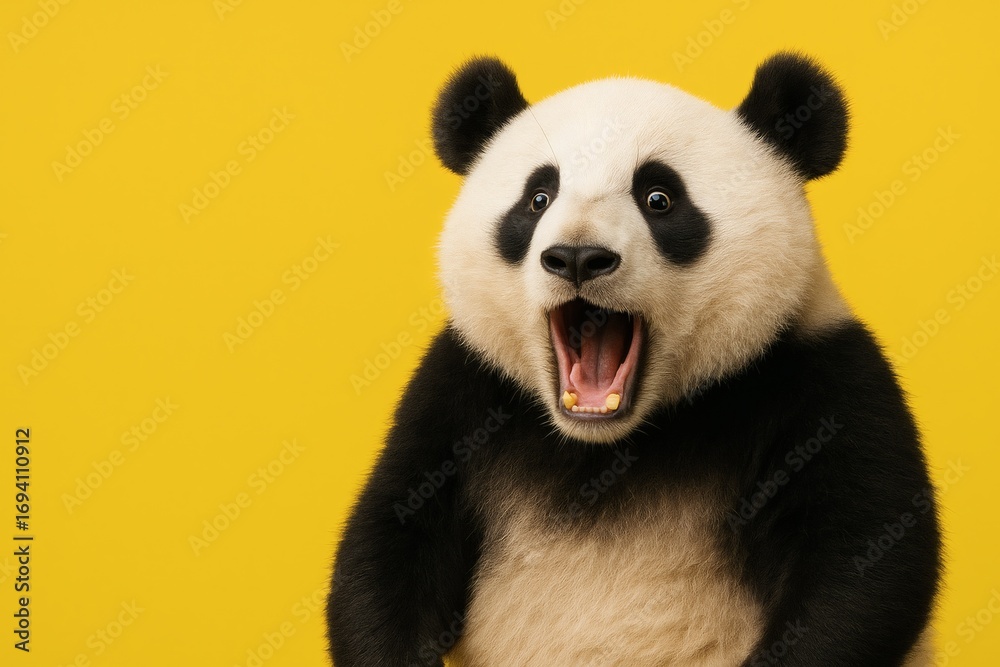 Fototapeta premium Surprised Giant Panda with Wide Open Mouth on Yellow Background/驚いた表情のパンダ 黄色背景でユーモラスなリアクション