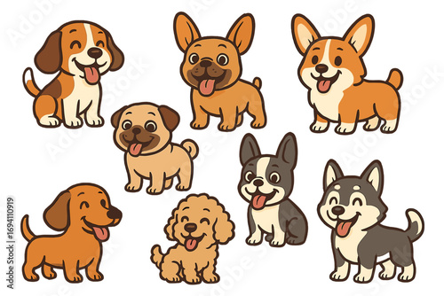 Cute dog character collection. Set of various puppy breeds with playful, happy expressions. Vector cartoon illustration for kids. Funny pet mascot bundle. Beagle, Corgi, Pug, Poodle.