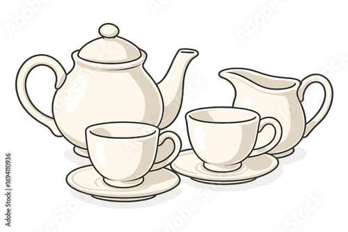 Elegant white tea set with teapot, cups, and cream jug. Vector cartoon illustration of classic porcelain kitchenware for tea time. Isolated beverage service tableware.