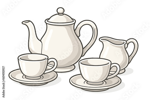 Elegant white tea set vector cartoon illustration. Classic porcelain teapot, cups, saucers and creamer. Kitchenware for a tea time party. Isolated tableware crockery service.