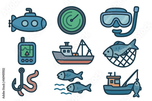 Sea exploration and fishing icon set. Vector collection of marine activities symbols like submarine, boat, radar, GPS, and diving mask. Includes fish, net, hook, and worm.