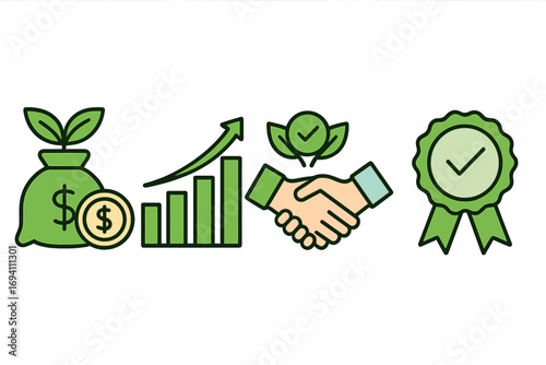 Sustainable business practices icon set. Green finance, ethical partnership, eco certification & responsible growth. ESG concept for environment, social & governance.