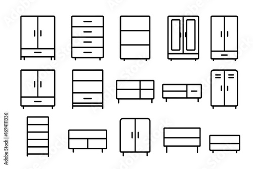 Furniture storage line icon set. Cabinet, wardrobe, shelf, and locker outline symbols. Vector interior design elements for home and office. Household organization pictograms.