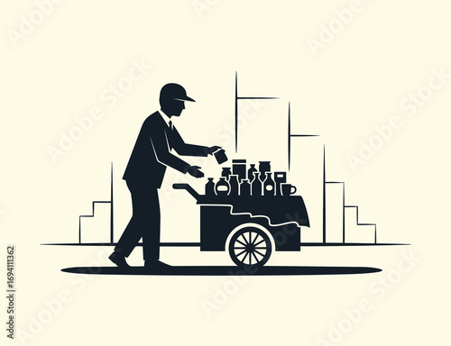 Illustration of a street vendor with a cart selling goods in the city
